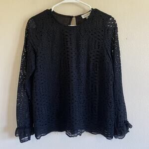 Nieman Marcus Classic Dark Black Lace Blouse Ruffle Keyhole Sleeve Womens Small